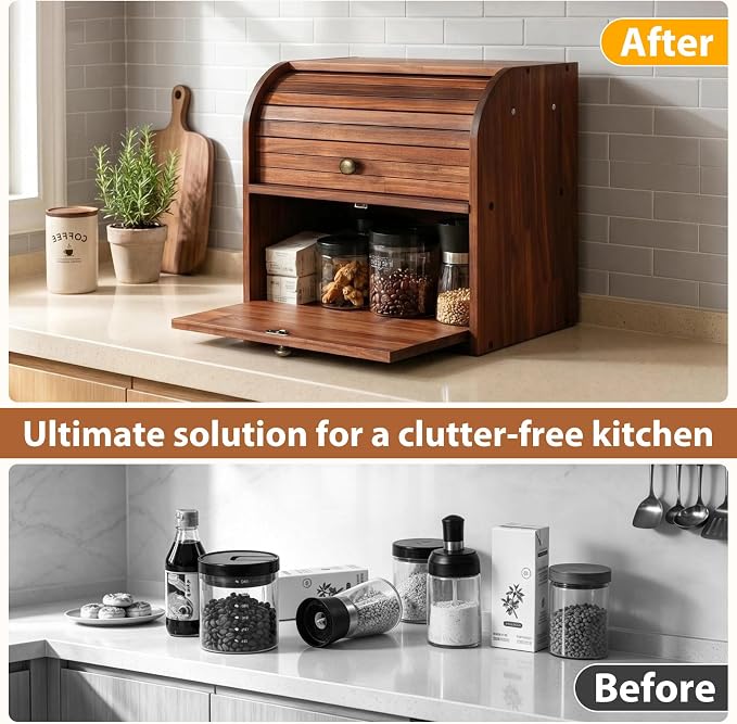 Sunhoo Wooden Bread Box for Kitchen Countertop, Roll Top Breadbox, Brown | Large Double Layer Pantry Container, Solid Wood with Cutting Board, Fresh Homemade Sourdough Bin Cabinet, Vintage Farmhouse - Image 2