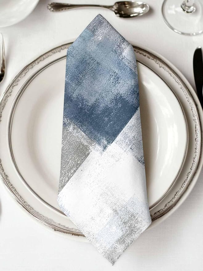 Blue Grey White Block Cloth Napkins Set of 8, Geometric Oil Painting Abstract Art Dinner Napkins Cloth Washable, Cocktail Napkins Reusable for Wedding, Party, Birthday (20"x20") - Image 2