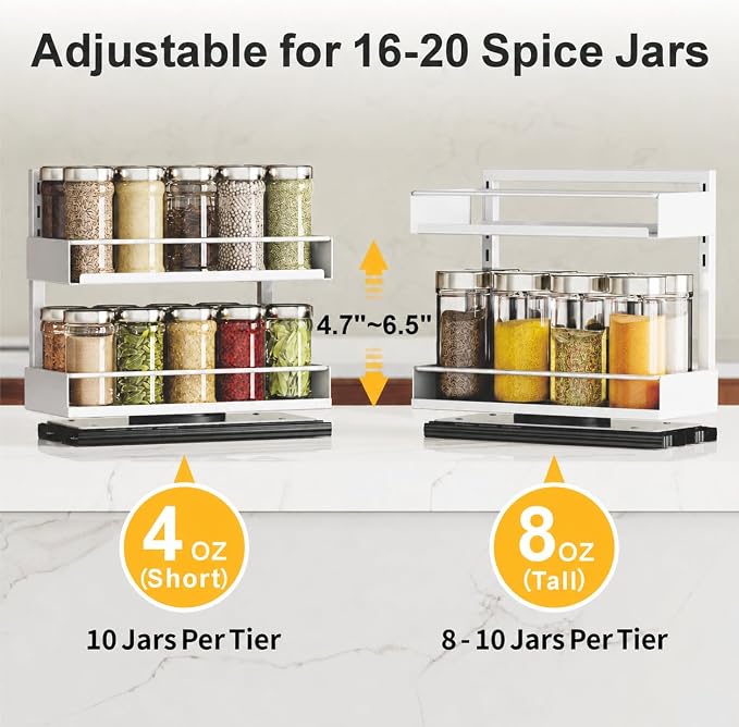 Vertical Spice Rack Pull Out - 2 Pack Spice Organizer for Cabinet | For Flat-Front Cabinets Only, Pull-Out Rotating Access, No-Drill Mount, Keeps Spices Visible Easy to Reach, Adjustable Height - Image 5