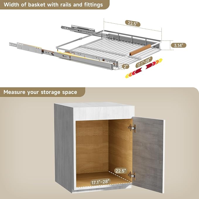 17.1~28"x22.5" Pull Out Cabinet Organizer，2Pack Expandable Sliding Cabinet Shelves，Side Mounting - Image 2