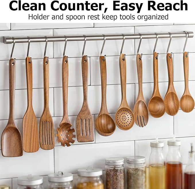 Wooden Spoons for Cooking, 11-Piece Acacia Wood Kitchen Utensil Set, Nonstick Safe Wooden Spatulas and Spoons, Heat Resistant Cooking Utensils for Everyday Meals (A11) - Image 8
