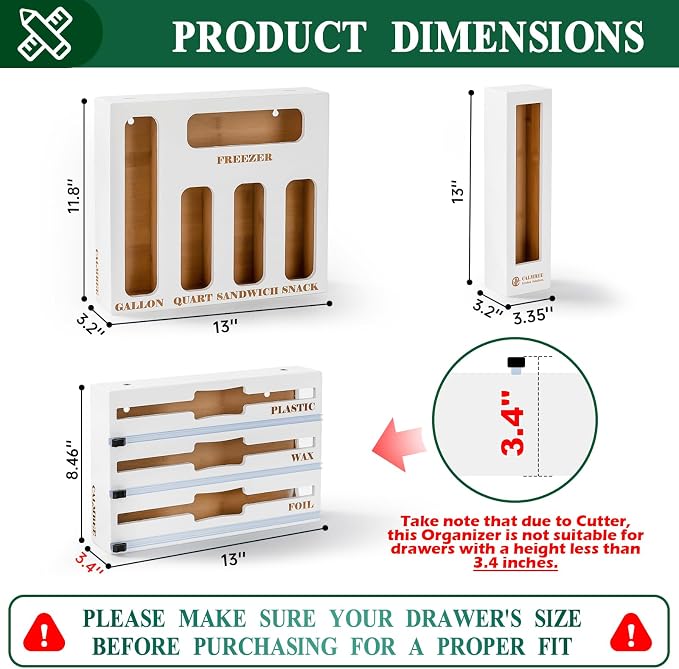 Calmbee 9 in 1 Bamboo Storage Bag Organizer for Kitchen Drawer – Plastic Wrap Dispenser with Cutter & Foil Organizer, Wooden Baggie Organizer for Sandwich, Snack, Gallon, Quart Sizes, White - Image 2