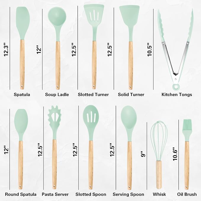 19PCS Green Kitchen Cooking Utensils Set Kitchen Tools Set | 6 Stainless Steel Knives, 11 Silicone Utensils with 1 Cutting Board, Ideal for Apartment - Image 2