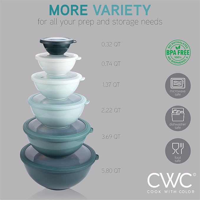 COOK WITH COLOR Mixing Bowls with TPR Lids - 12 Piece Plastic Nesting Bowls Set includes 6 Prep Bowls and 6 Lids, Microwave Safe Mixing Bowl Set (Teal) - Image 4