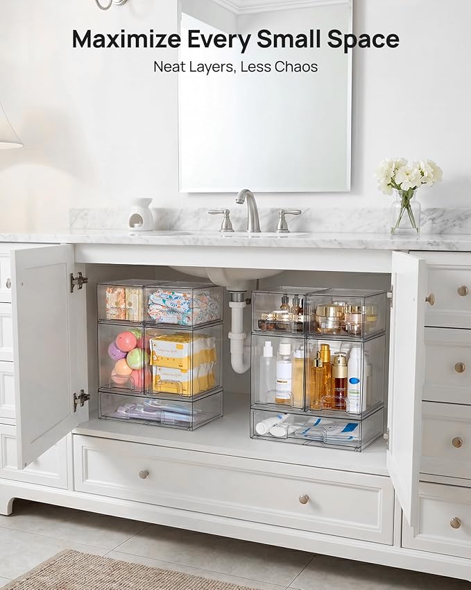 Vtopmart Stackable Storage Drawers Set of 5, Clear Plastic Organizer Bins for Baby Bottle, Beauty Supplies Storage, Ideal for Kichen Countertop, Vanity, Bathroom, Cabinet, Pantry Organization - Image 6