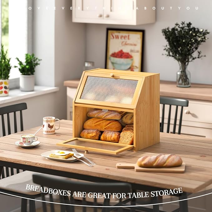 STDDRE Bread Box for Kitchen Countertop Bin Double Layer Bread Box Storage Container Extra Large Capacity with Diamond Pattern Windows (Natural, Extra Large) - Image 3
