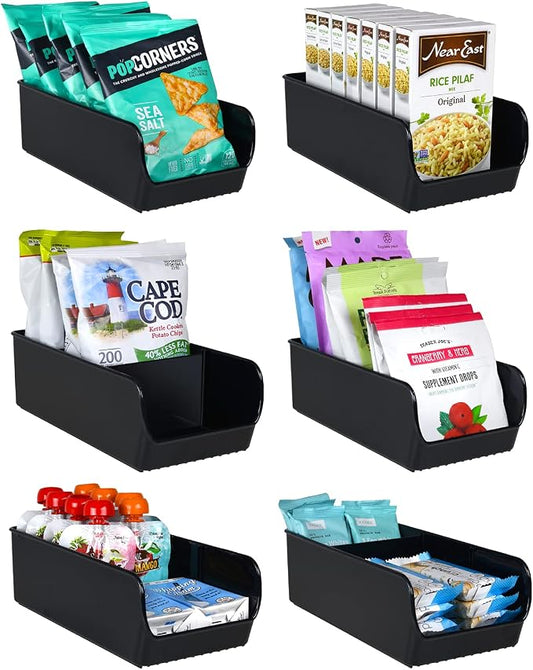 Black Storage Bins for Pantry - 3 Compartment Kitchen Cabinet and Cupboard Storage Organizers, Multipurpose Storage Bins for Snacks, Packets, Pouches, Spice Packets, Plastic Bin for Fridge - 6 Pack by Eltow