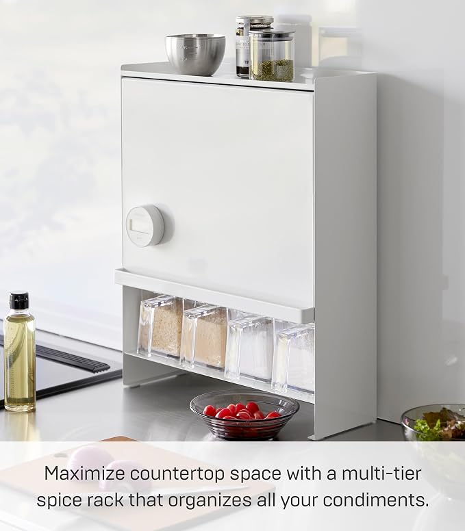 YAMAZAKI Home Spice Rack, Large Multi-Tier with Door Metal Shelves, White | Large kitchen seasoning and condiments spice rack features a concealable design with a door. A smart fit for modern homes. - Image 2