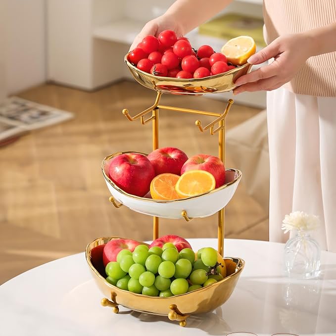 XUDREZ 3 Tier Fruit Bowl for Kitchen Counter with Metal Stand, Ceramic White Gold, Tiered Fruit Basket for Nuts, Snacks, Bread, Candy Storage (White A) - Image 5
