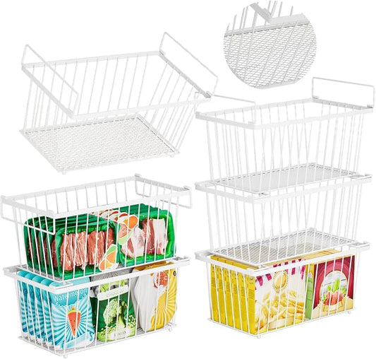 Enhanced Leak-Proof Bottom, Freezer Organizer Bins for 7 Cu.Ft,6 Pack | Stackable Chest Freezer Organizer Bins, Baskets with Handles, Leak-proof Wire Storage Container Baskets for Sort Frozen Meats by ANJUBAN