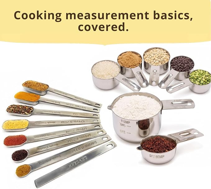 Measuring Cups and Spoons Set of 15, Stackable Cups, Long Handle with Leveler Fits Narrow Jars, 304 Premium Stainless Steel, Kitchen Gadgets for Liquid & Dry Ingredients Cooking Baking - Image 3