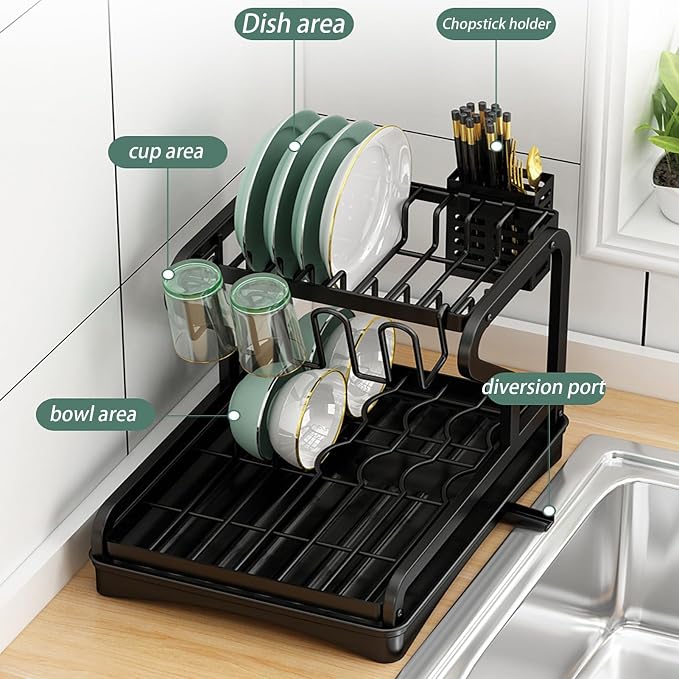HUHJYUGE Kitchen Drying Rack for Dishes, Dish Racks for Kitchen Counter Space-Saving 360° Swivel Spout, Dish Drying Rack 2 Tier Large-Capacity, for Kitchen Counter Organizer - Image 2