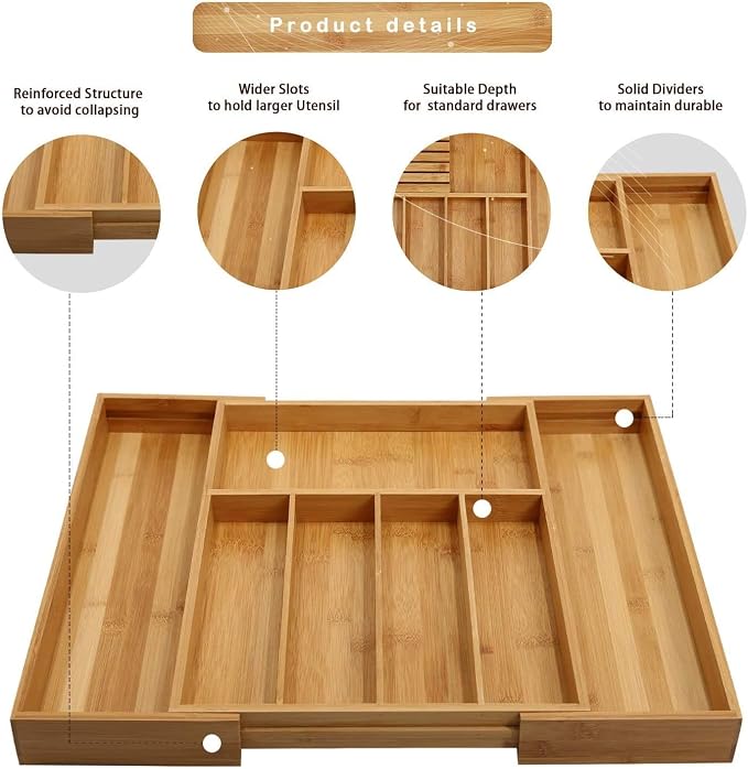 VaeFae Bamboo Silverware Drawer Organizer with Knife Block Set - Image 5