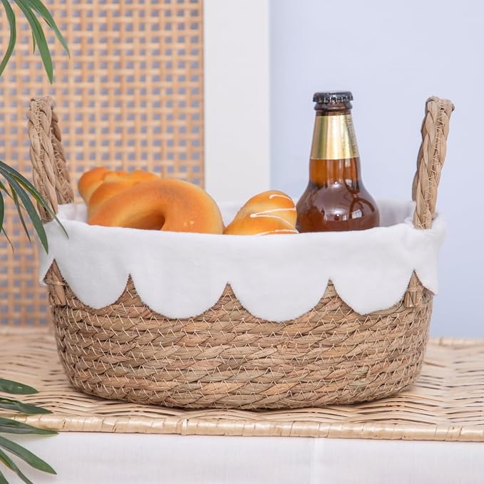 Handmade Seagrass Wicker Storage Basket with Handles & Removable Liner,Eco-Friendly Oval Woven Shelf Basket Organizer for Home Decor,Set of 3 - Image 2
