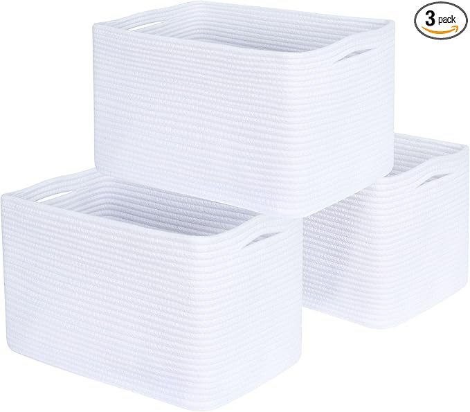 3-Pack Decorative Woven Storage Baskets for Shelves, Cube Bin Box for Organizing Books, Shoes, Dog Toys, Pantry Closet and Living Room Organizer, Full White by MINTWOODDesign