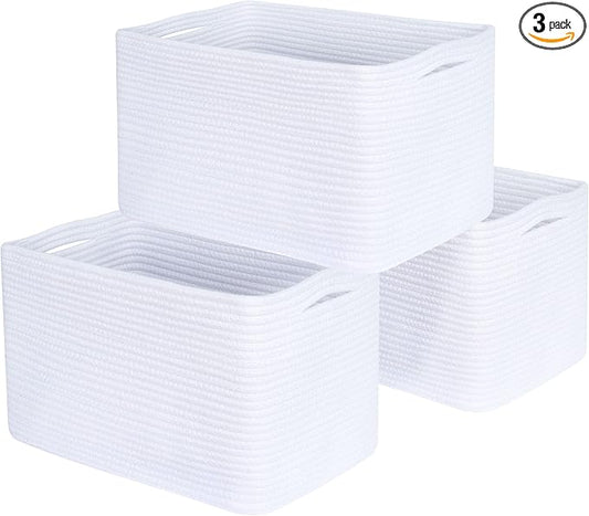 3-Pack Decorative Woven Storage Baskets for Shelves, Cube Bin Box for Organizing Books, Shoes, Dog Toys, Pantry Closet and Living Room Organizer, Full White by MINTWOODDesign