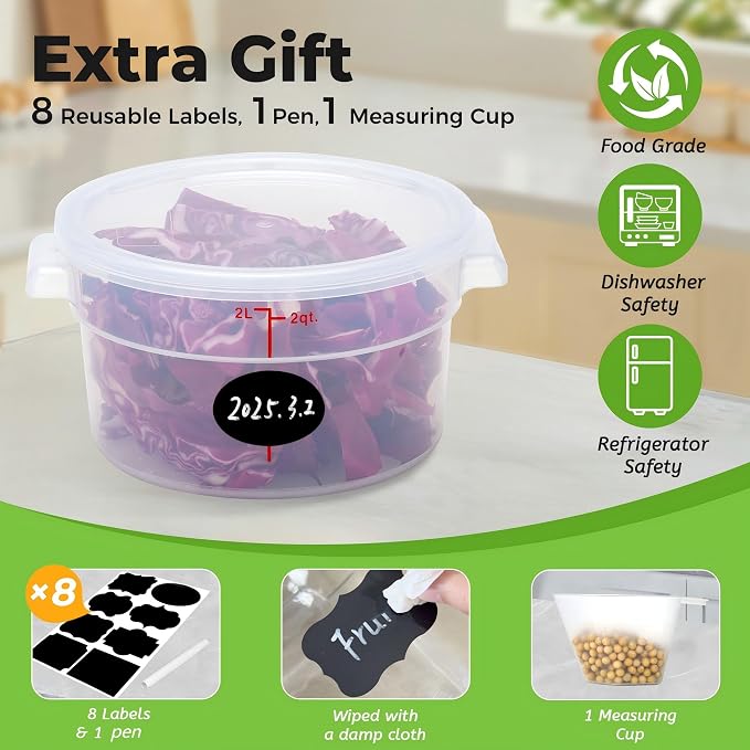 BIEAMA 4 Pack 2 Qt Round Food Storage Containers with Lids, Translucent PP | Include lids, labels, measuring cups and containers with capacity markings for food prep, pantry storage and dough proofing. - Image 5