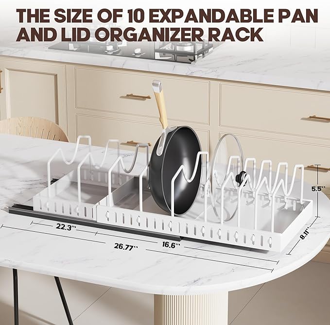 Pull Out Pots and Pans Organizer Under Cabinet, Expandable Sliding Lid Holder and Pan Rack for Kitchen, Slide Out inside Cabinet for Pot Lid, Bakeware, Dishes, 10 Adjustable Dividers, 2 Pack White - Image 3