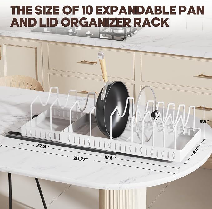 Pull Out Pots and Pans Organizer Under Cabinet, Expandable Sliding Lid Holder and Pan Rack for Kitchen, Slide Out Inside Cabinet for Pot Lid, Bakeware, Dishes, 10 Adjustable Dividers, 1 Pack White - Image 3