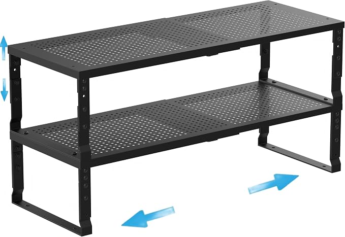 Expandable Spice Rack Kitchen Cabinet Shelf Organizer, Stackable Storage Shelves Racks, Adjustable Counter Shelving for Cabinets, Countertop, Cupboard,Pantry and More(2Packs/Black/Medium) by Goodqualityproducts