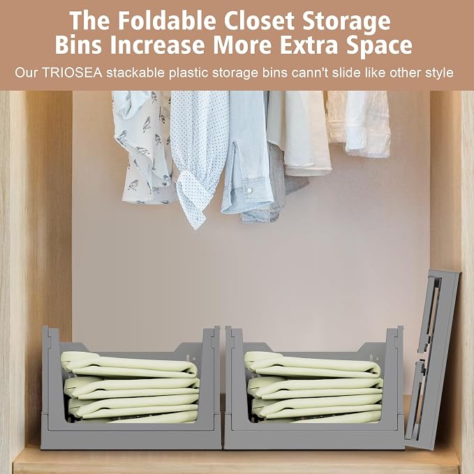 Stackable Storage Bins, Foldable Closet Organizers and Storage Bins Box, Plastic Shelves Drawer Organizer Container for Closet Office Bedroom Kitchen Bathroom with Wheels, Grey, 3 Pack - Image 4