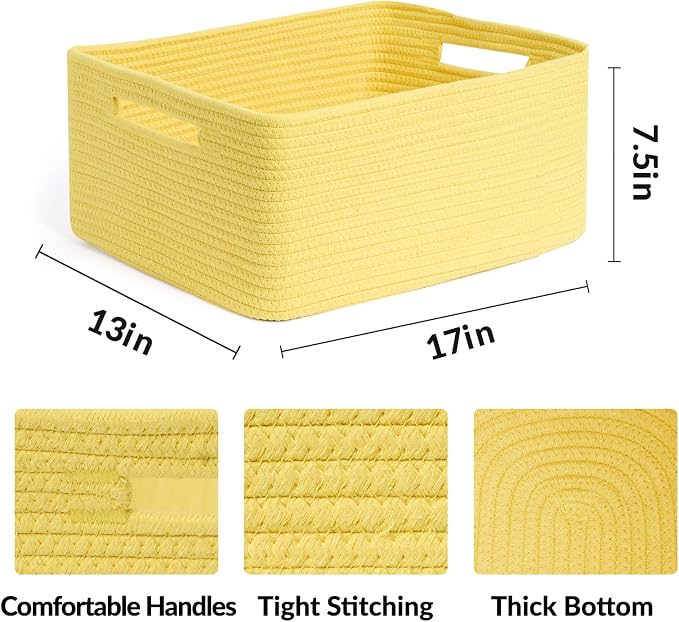 MiniArk Large Storage Baskets for Shelves, 17 x 13 x 7.5” Closet Organizers Bins for Clothes Blanket Towels, Baby Nursery, Toy Baskets Box, Woven Rope Baskets, 2 Packs Yellow - Image 2