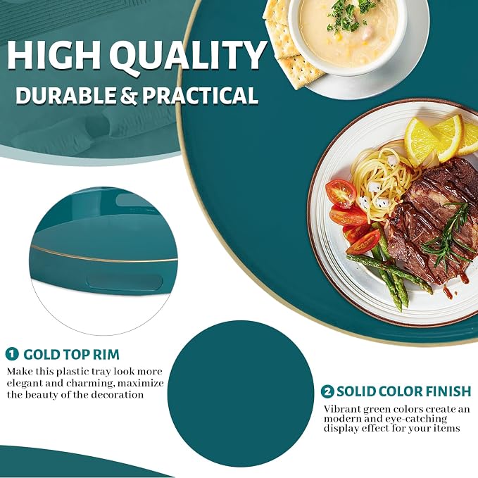 13" Teal Decorative Tray, Plastic Round Serving Tray with Handles | Green Decorative Tray for Coffee Table, Modern Ottoman Tray, Circle Tea Tray, Round Melamine Tray for Living Room, Bathroom - Image 4