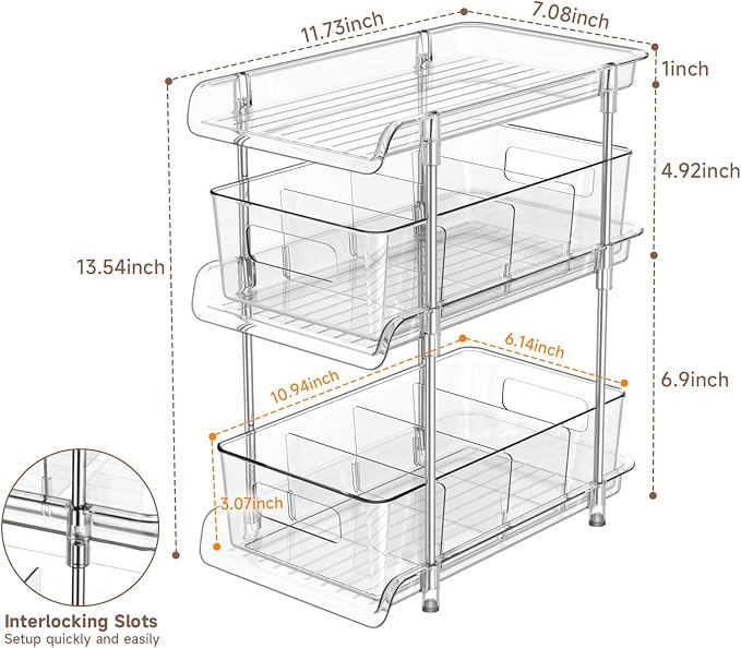 3 Tier Clear Bathroom Organizer with Dividers, Multi-Purpose Pull-Out Pantry Organization and Storage, Under Sink Closet Organizers and Storage, Vanity Skincare Cosmetic Organizer Medicine Bins - Image 3