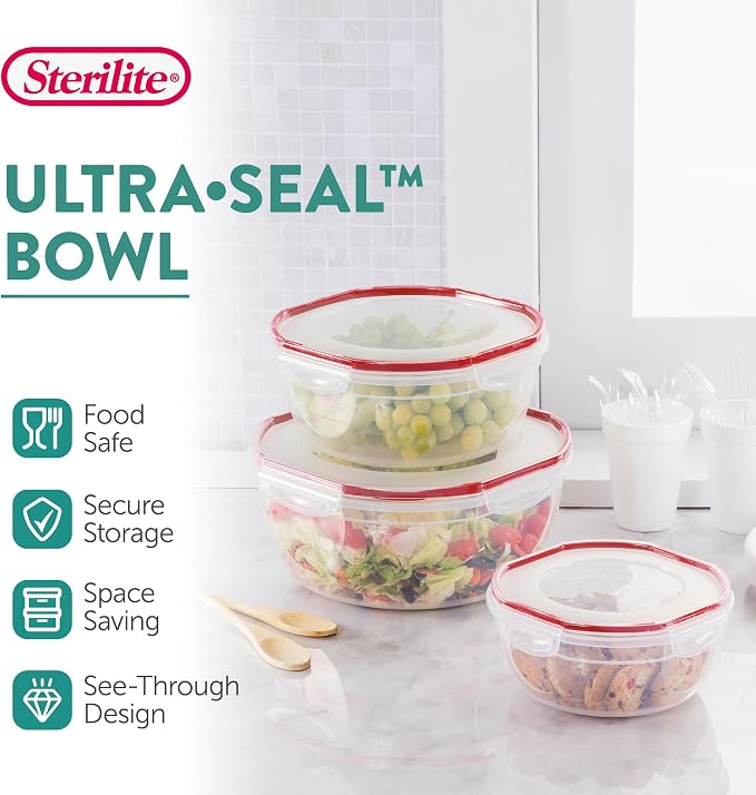 Sterilite Ultra-Seal 8.1 Qt Bowl, Large Airtight Food Storage Container, Latching Lid, Microwave and Dishwasher Safe, Clear With Red Gasket, 8-Pack - Image 2
