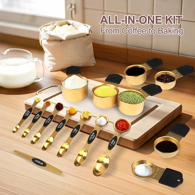 16-Piece Magnetic Measuring Cups and Spoons Set, Stainless Steel, Gold | 7 Silicone-Grip Cups, 8 Metal Spoons, 1 Leveler, US and Metric Marks for Dry & Liquid Ingredients, Kitchen Essentials Gadgets - Image 6