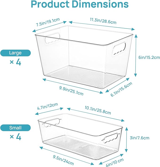 Vtopmart 8 Pack Clear Storage Bins Set for Pantry Organizer | 4 Large and 4 Small Plastic Pantry Storage Bins with Handle, Storage Containers for Pantry, Kitchen, Fridge, Cabinet - Image 2