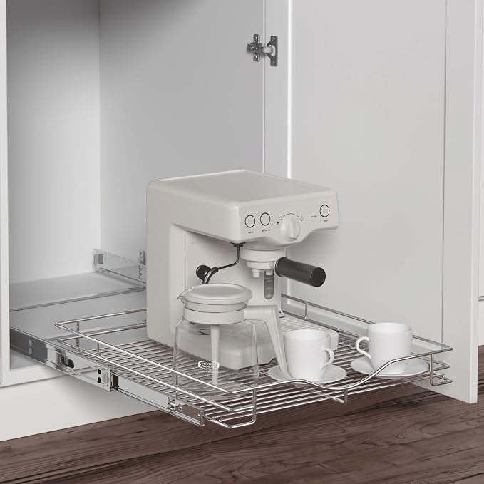 DINDON Pull Out Cabinet Organizer (14" W x 21" D), Pull Out Drawers for Kitchen Cabinets, Cabinet Pull Out Organizer 1 Tier Heavy-Duty Slide Out Shelf Wire Basket for Base Cabinet, Chrome - Image 2