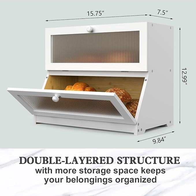 LOHASOK Bread Box for Kitchen Countertop,White | 2-layer, Bamboo, Large, Farmhouse Bread Container Holder Storage, Acrylic translucent window - Image 5