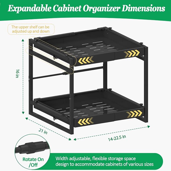 2 Tier Pull Out Cabinet Organizer, 21 inch Depth Slide Out Shelves | Expandable 14"-22.5" Wide, Heavy-Duty Cabinet Drawers for Kitchen Pots, Pans & Pantry Storage, Black - Image 2