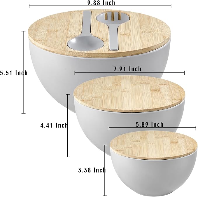 ECOWAY Salad Bowls Set of 3 with Lid & Serving Utensils, Bamboo Fiber Mixing Bowls Set Large Serving Bowls & Storage Set with Bamboo Lid for Salad, Kitchen Eating, Pasta, Popcorn, Chips, Fruit, Grey - Image 4