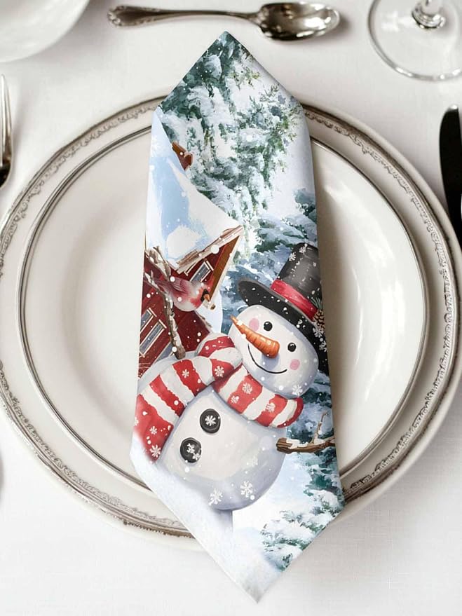 Christmas Snowman Cloth Napkins Set of 4, Farmhouse Xmas Tree Winter Snowflake Dinner Napkins Cloth Washable, Cocktail Napkins Reusable for Wedding, Party, Birthday (20"x20") - Image 2