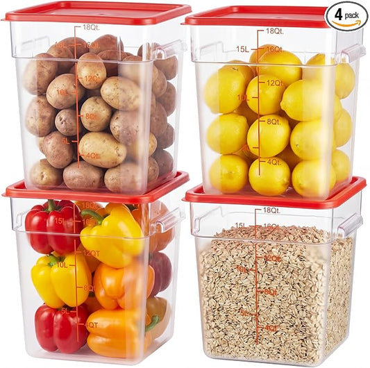 4 Pack Food Storage Containers with Red Lids, 18.0 Qt - Square, Clear, Polycarbonate, for Restaurant Commercial Kitchen and Home party by TSUBOR