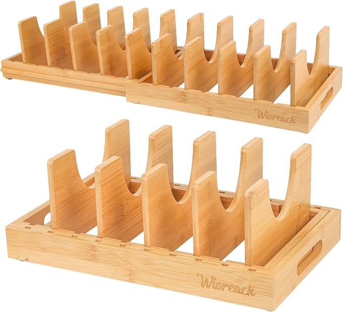 Wisreach Bamboo Pot Lid Organizer, Adjustable Kitchen Organizer for Cabinet, Expandable Pot and Pan Storage Rack, Kitchen Organization for Lids, Bakeware, and Cutting Boards - Image 8