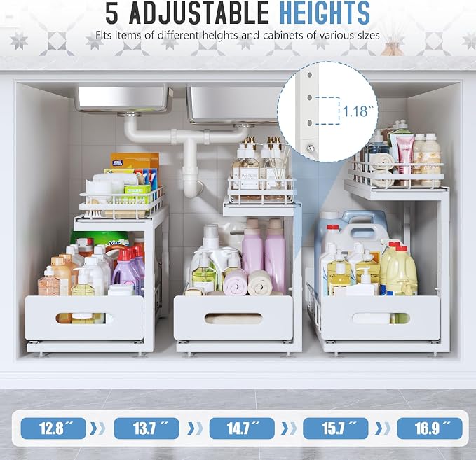 Under Sink Organizer Upgrade To Professional Rails,2-Tier Dual Pull Out Cabinet Storage,Height Adjustable Slide Out Drawers For Bathroom Kitchen,2 Pack-18.5"Dx12.8"-16.9"H,White - Image 6