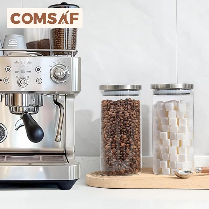 ComSaf Glass Food Storage Containers with Stainless Lids, 44 OZ Clear Glass Jar with Lid, Glass Containers with Lids set of 3, Flour Container for Pasta Sugar Tea Coffee Bean, Kitchen Canister Set - Image 6