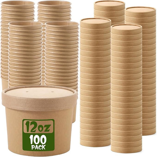 Fulmoon 100 Pack Paper Soup Containers with Lids Disposable Paper Food Containers with Vented Lid Kraft Ice Cream Cake Dessert Cups Soup Bowl for Party Hot Food Fruit Microwave(12 oz,Brown) by Fulmoon