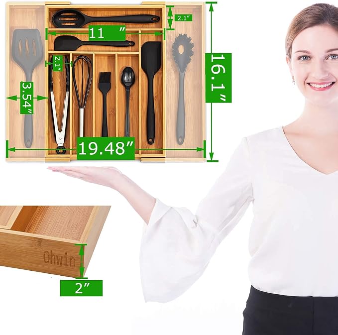 Bamboo Kitchen Drawer Organizer - Expandable Silverware Organizer/Utensil Holder and Cutlery Tray with Grooved Drawer Dividers for Flatware and Kitchen Utensils (9 Slots) - Image 5