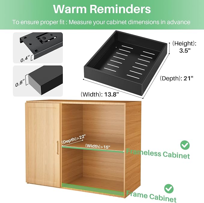 Kitstorack 2Pack Pull out Cabinet Organizer, 21" Deep, Heavy Duty Full-extension Slide out Drawers for Kitchen Cabinet, Roll out Shelf Storage with Nano Adhesive for Pots, Bathroom, Pantry,Home,Black - Image 2