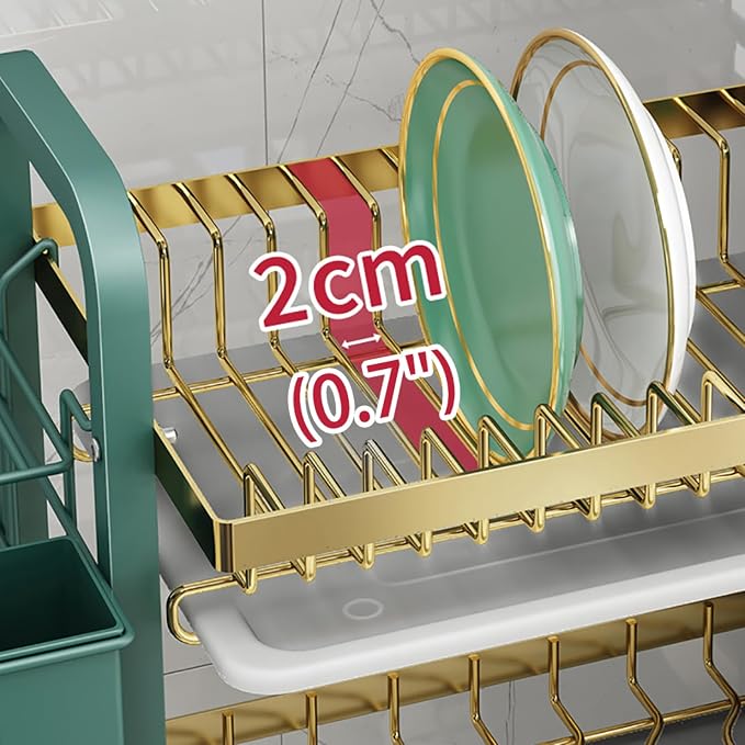 CAKERS Dish Drying Rack with Removable Drain Tray|Carbon Steel Dish Strainers for Kitchen Counter|Tableware Holder Dinnerware Drainer Organizer,Black Gold,2 Tier-Main Shelf - Image 4