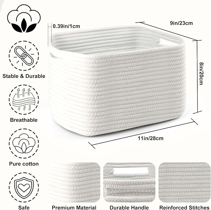 4 Pack Storage Baskets for Organizing, 11''Lx9''Wx8''H Woven Baskets for Storage Toys, Towels, Books, and Clothes, Cotton Rope Basket for Shelves with Handle - Image 2