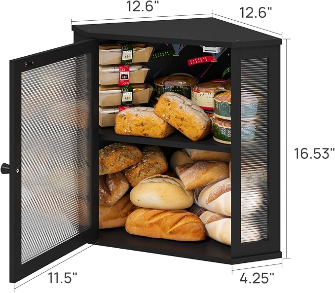 viewcare Corner Bread Box for Kitchen Counter, Bamboo Wood Large Capacity Bread Storage Bin with Acrylic Wavy Door Panel (Black, Extra Large) - Image 3