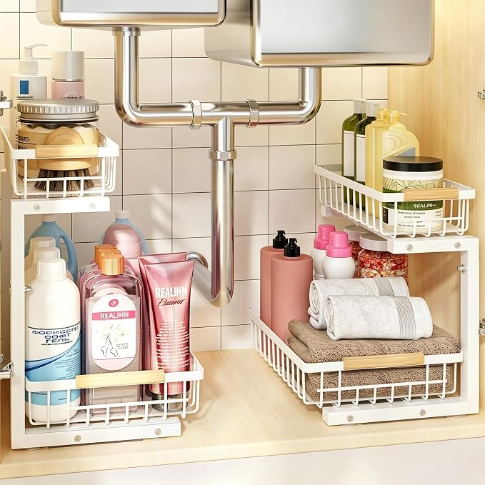 Under Sink Organizer, White 2 Pack Height Adjustable | 2 Tier Pull Out Drawer, Under Sink Organizers and Storage, Cabinet Storage for Kitchen Bathroom by REALINN