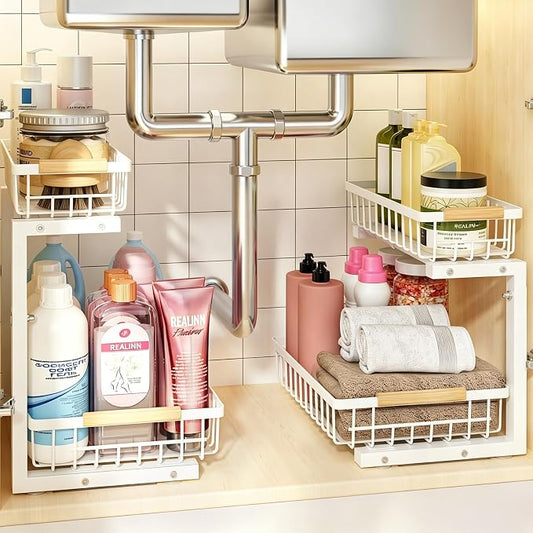 Under Sink Organizer, White 2 Pack Height Adjustable | 2 Tier Pull Out Drawer, Under Sink Organizers and Storage, Cabinet Storage for Kitchen Bathroom by REALINN