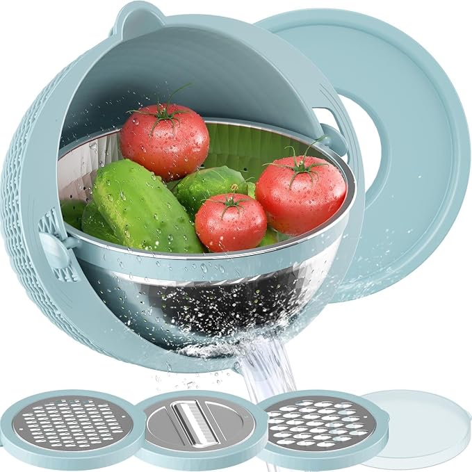 4 in 1 Kitchen Colander with Mixing Bowl Set Rotatable Multi-functional Food Strainer and Basket Colander Fruit Vegetable Grater Rice Strainer Salad Spinner Slicer Washing Bowl by MIFXIN