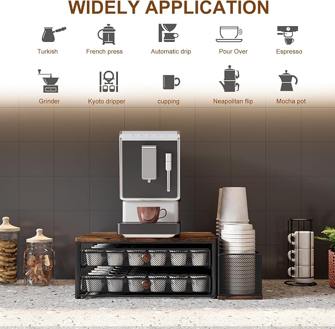 TQVAI K Cup Holder - 60 Capsule Capacity 2 Tier Sliding Pods Storage Drawer with Disposable Cups & Lids Holder, Coffee Bar Station Organizer for Countertop, Black - Image 5